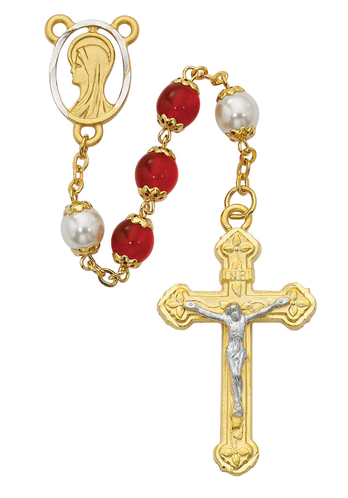 Rosary - Red and Pearl like  Glass Rosary Boxed
