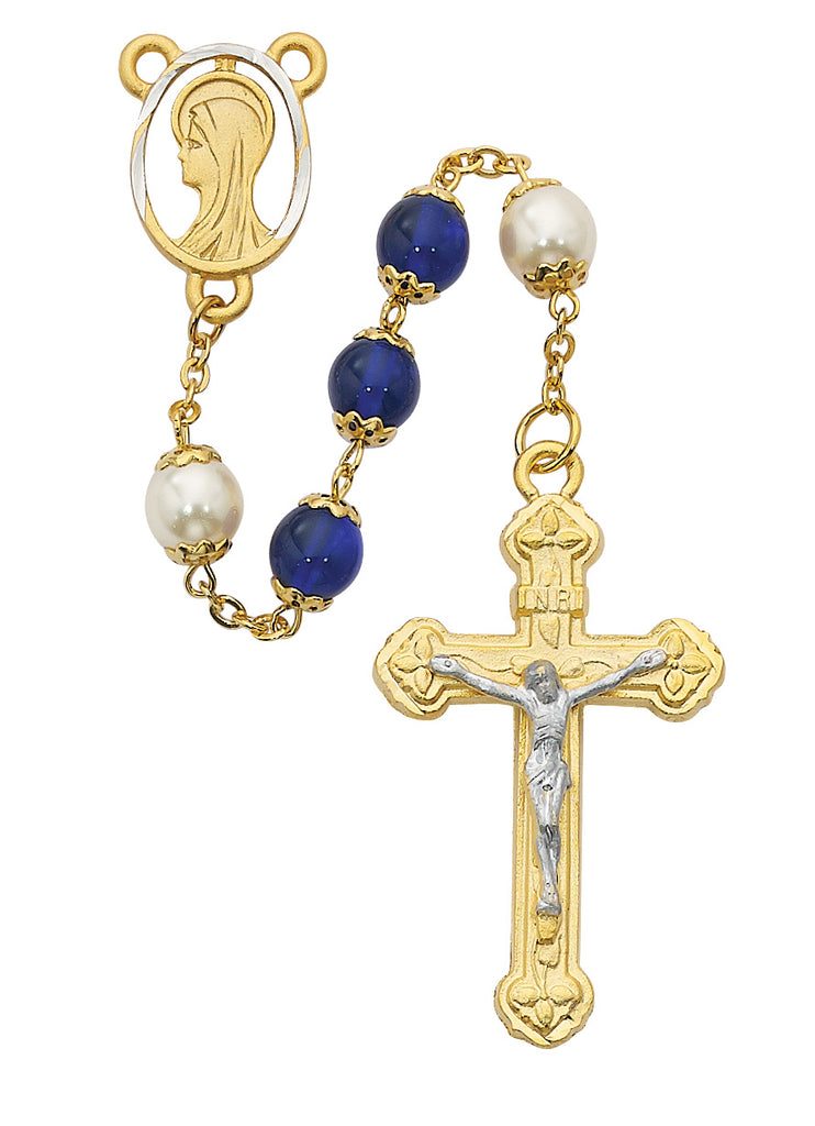 Rosary - Blue and Pearl like  Glass Rosary Boxed