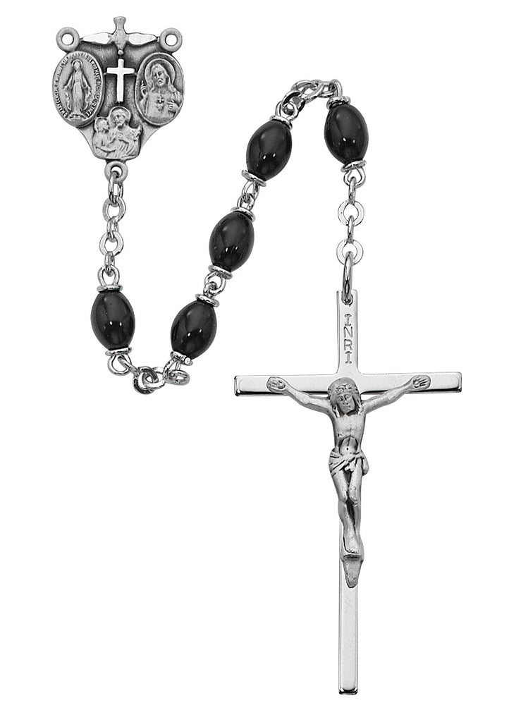 Black Glass Oval Rosary, Sterling Silver