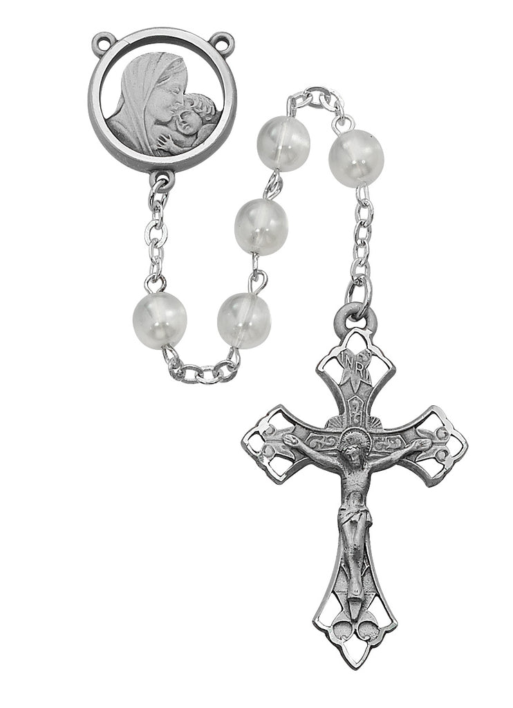 Mother and Child Rosary - White Glass Rosary Boxed