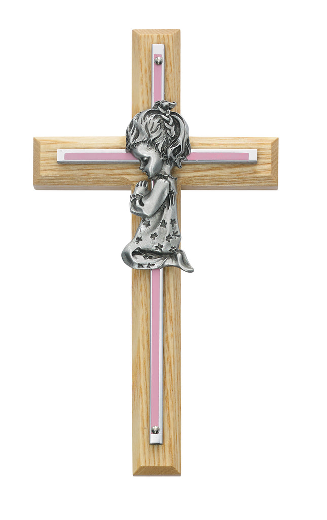 Cross - 7in Oak with Baby Pink Girl Praying Cross Boxed