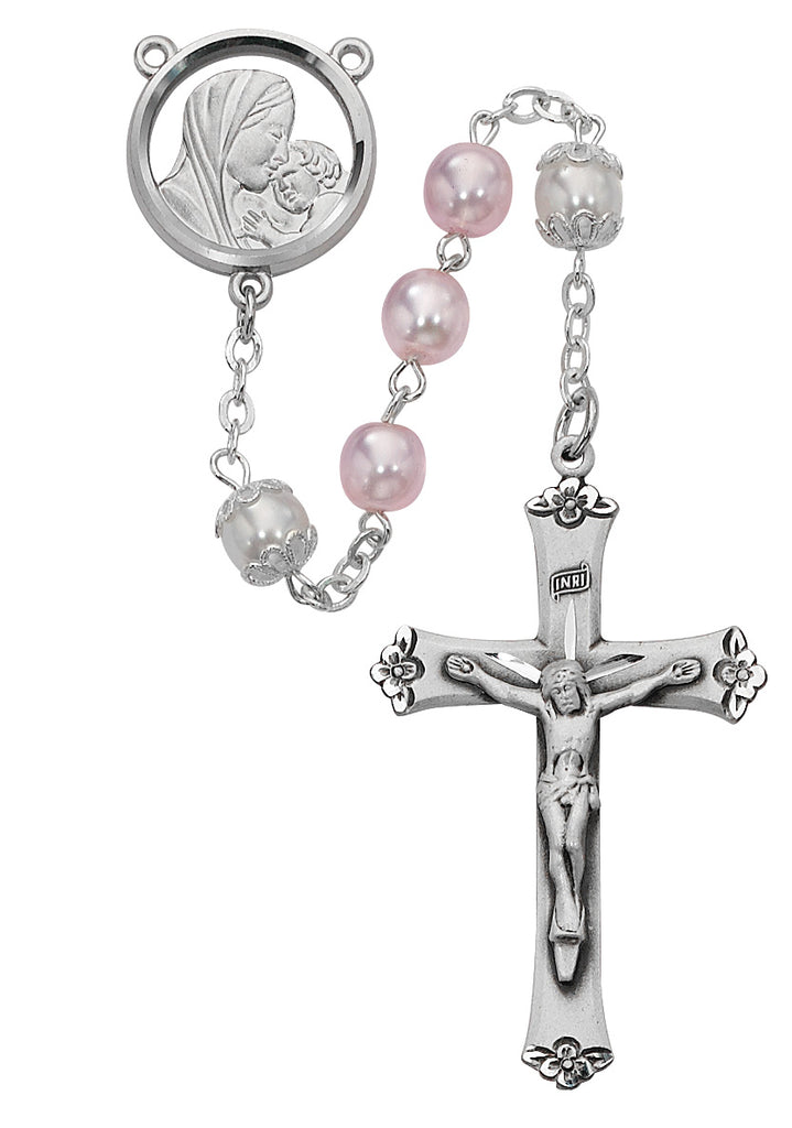 Mother and Child Rosary - Pink and White Boxed
