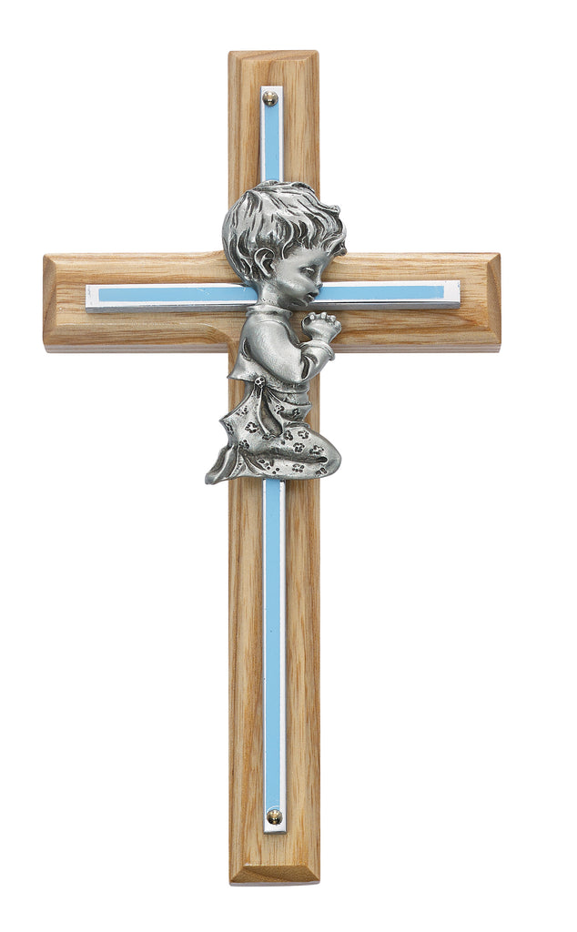Cross - 7in Oak with Blue Baby Boy Praying Cross Boxed