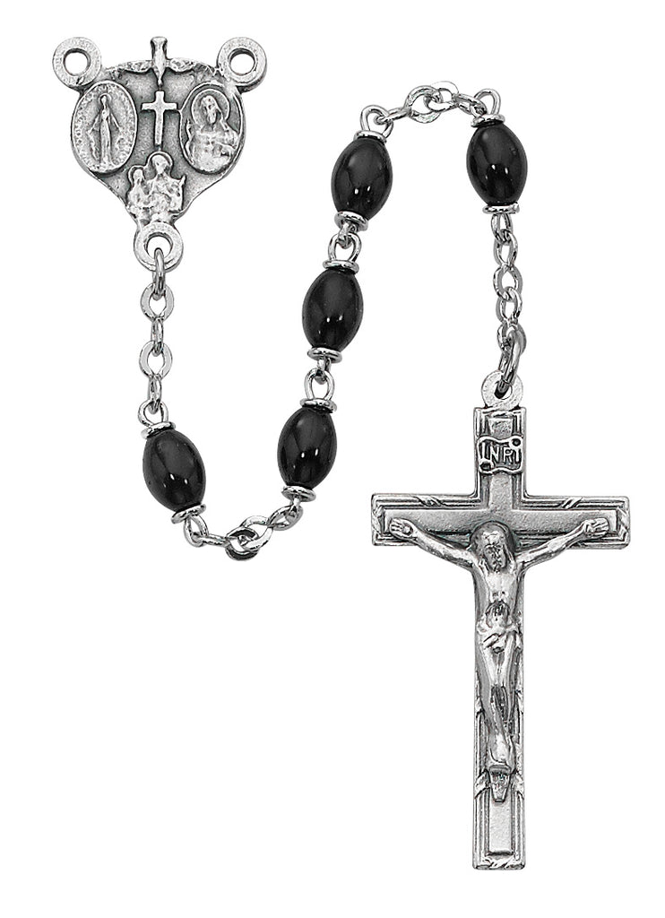 Black Glass Oval Rosary, Boxed