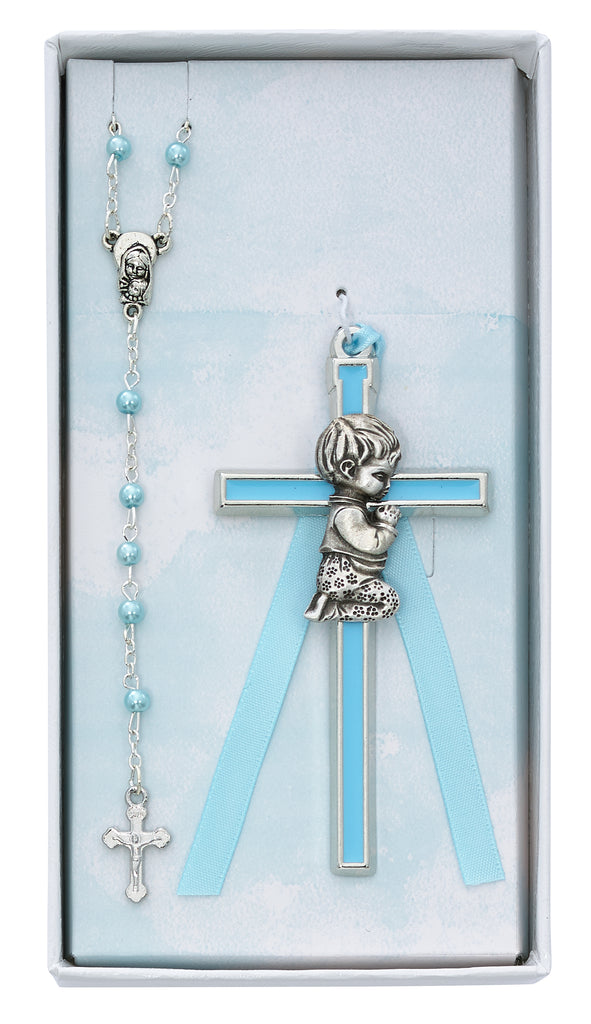 Baby Set - Blue Crib Cross and Blue Rosary Set Boxed
