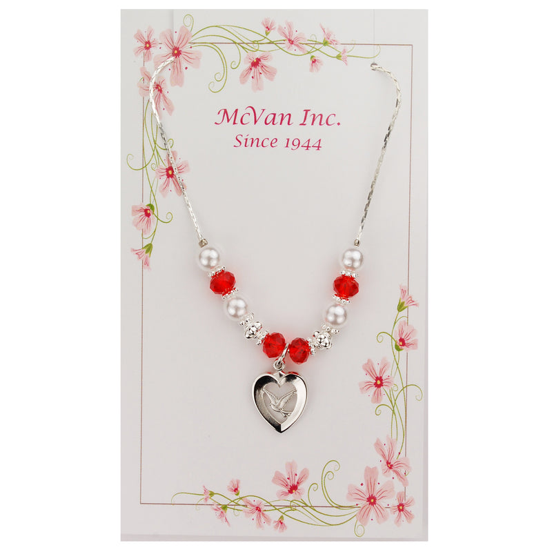 Necklace - Red and Pearl Glass Holy Spirit Necklace Carded
