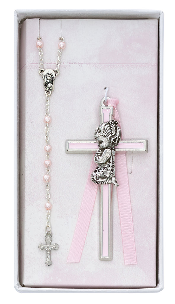 Baby Set - Pink Crib Cross and Pink Rosary Set Boxed