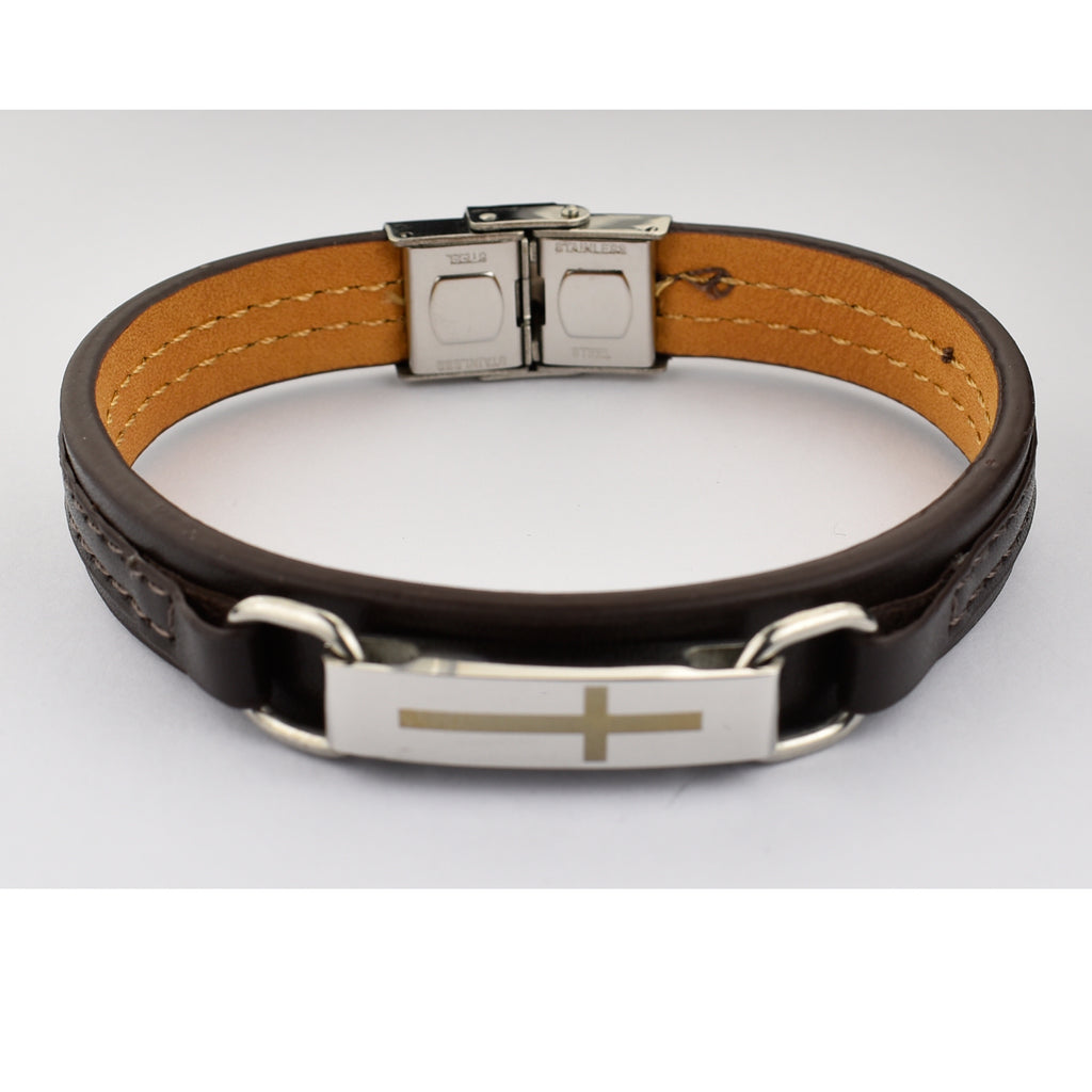 Men's Leather Bracelet and Stainless Steel Cross, Boxed