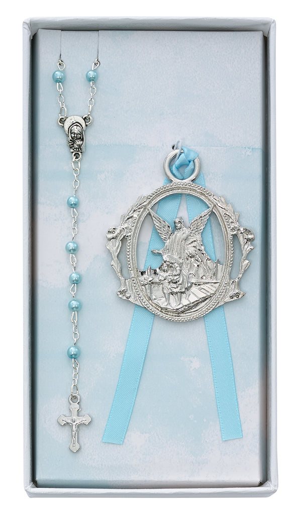 Baby Set - Angel Crib Medal and Blue Rosary Set Boxed