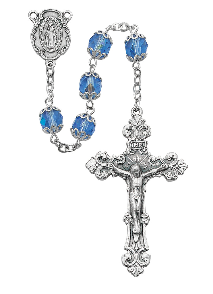 Rosary - Blue Glass Capped Rosary Boxed