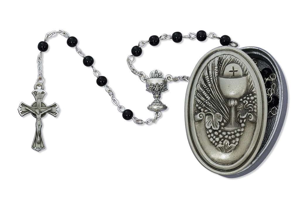 Rosary - Black Wood Rosary in Pewter Communion Box