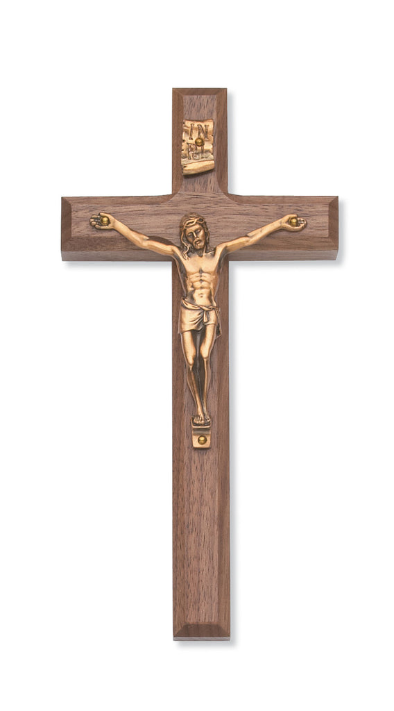 Benedict Crucifix - 8" Beveled Walnut Stain Crucifix, Boxed