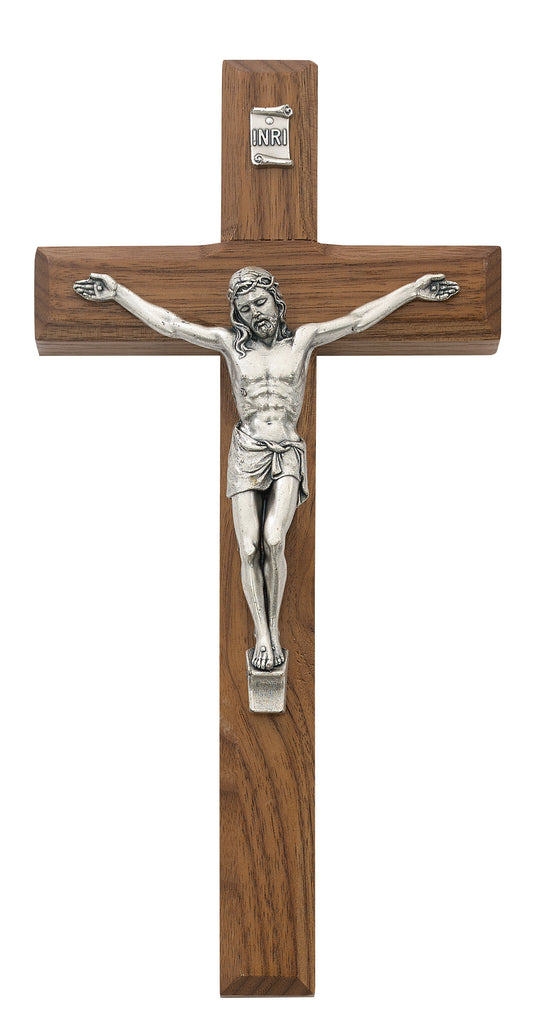 Crucifix - 8" Beveled Walnut Stain Crucifix, Boxed