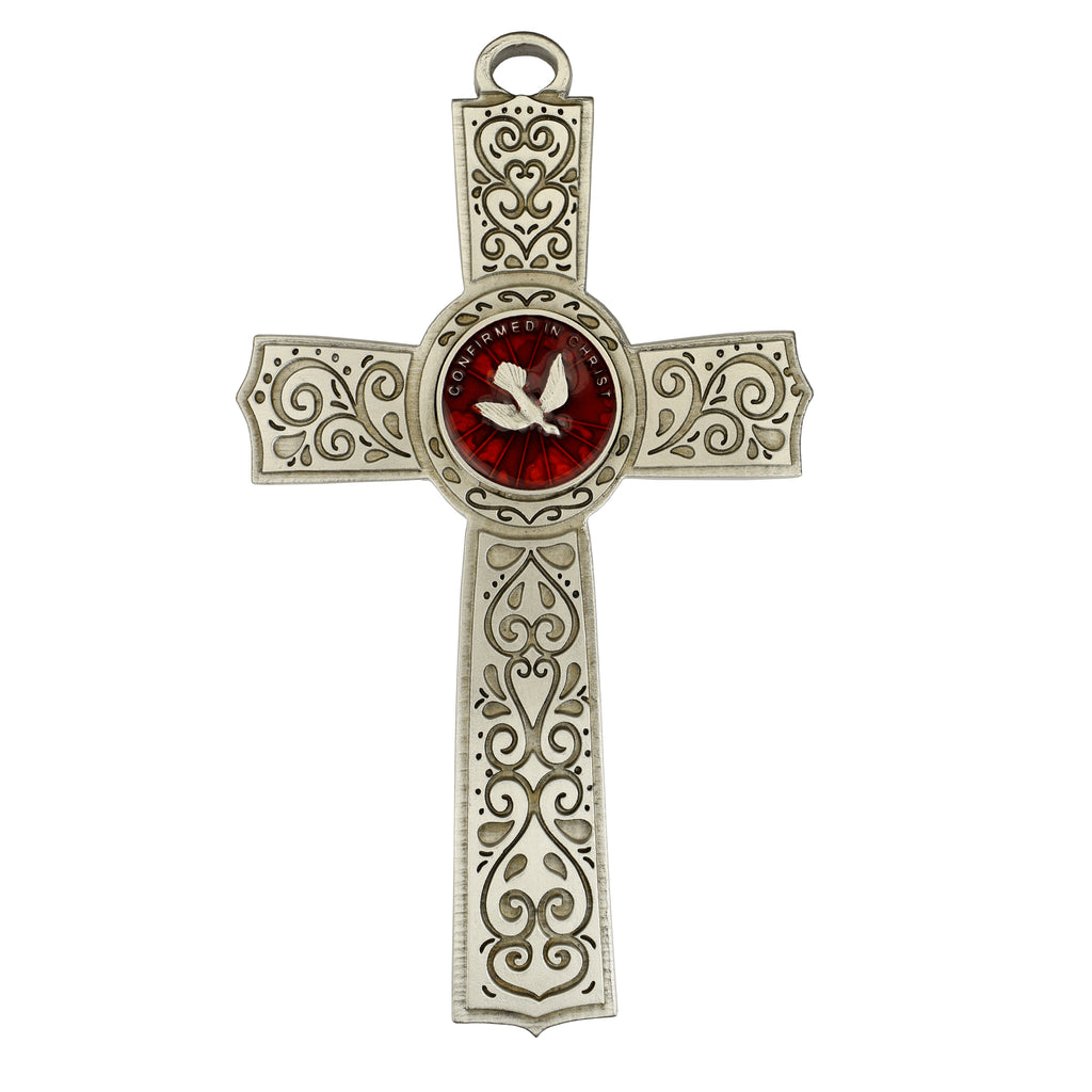 Cross - 6in Pewter and Red Cross with Holy Spirit Box