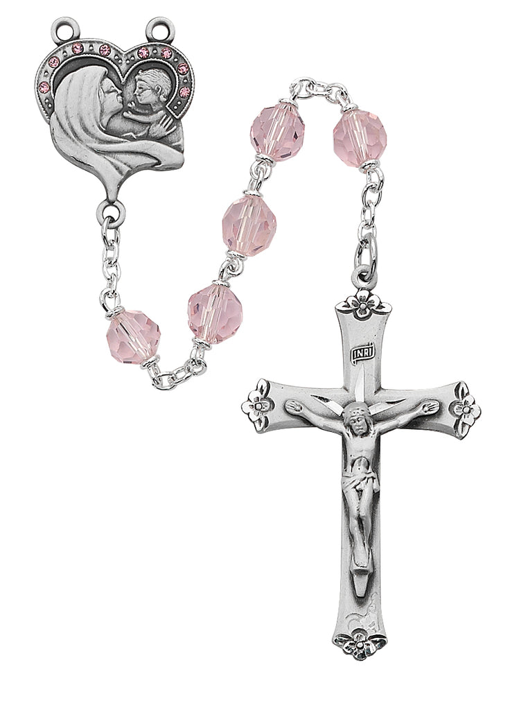Mother and Child Rosary - Pink Crystal Rosary Boxed