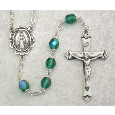 Birthstone Rosary - Dark Green Glass May Rosary, Boxed