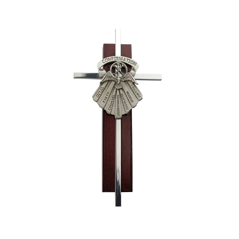 Cross - 6in Silver with Cherry Wood Confirmation Cross Box