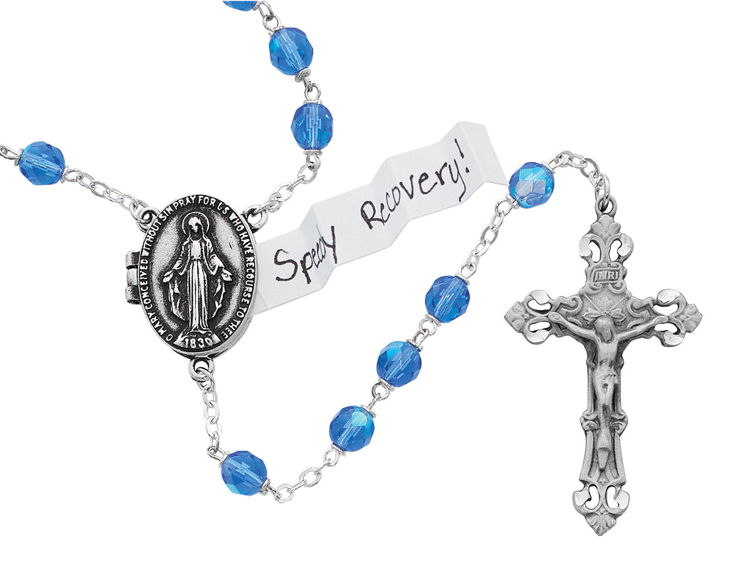 Prayer Petition Locket Rosary - Blue Boxed