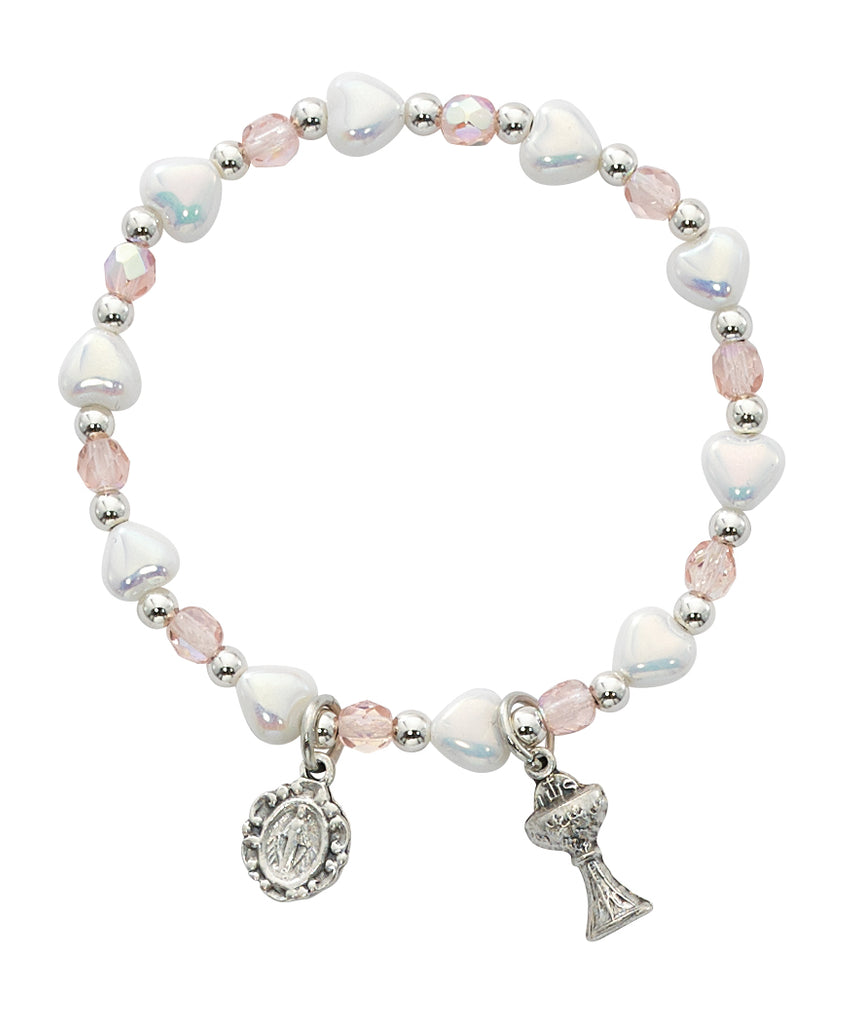 Bracelet - Imitation Pearl Hearts and Pink Crystal Stretch Communion Bracelet Carded