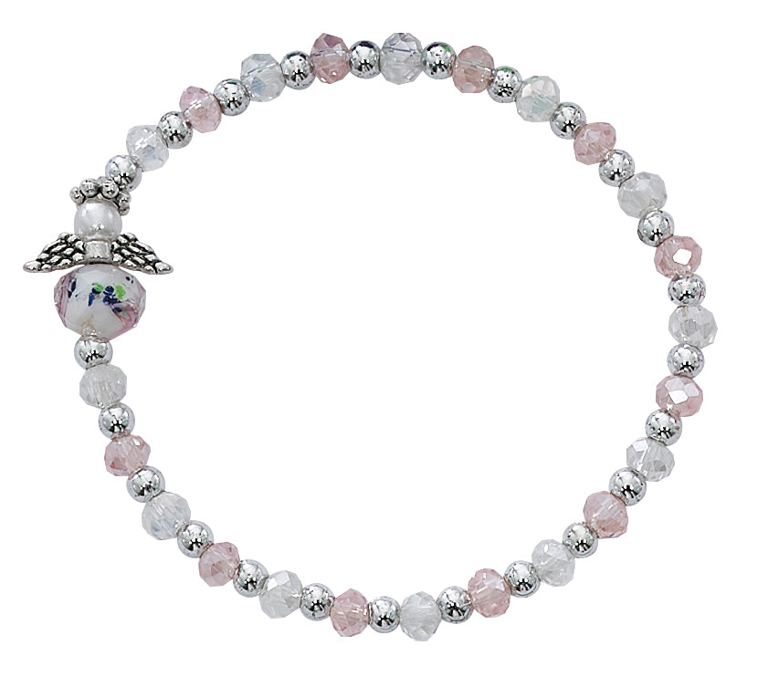 Bracelet - Youth Pink and Clear Glass Angel Stretch Carded