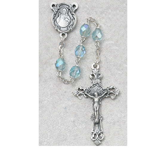 Birthstone Rosary - Aqua Glass March Rosary Boxed