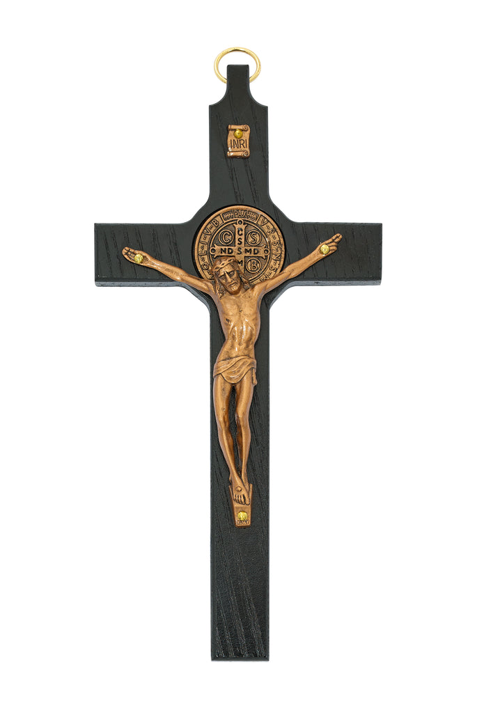 Benedict Crucifix - 8" Black Painted Wood Copper St. Benedict, Boxed