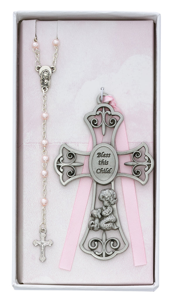 Baby Set - Baby Girl and Puppy Crib Cross and Rosary Boxed