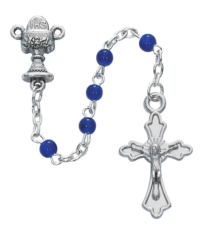 Rosary - Blue Glass Communion Rosary with Cross Box