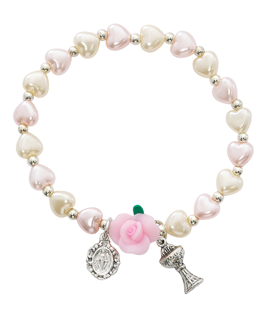 Bracelet - Imitation Pink and Pearl Heart Stretch Communion Bracelet Carded