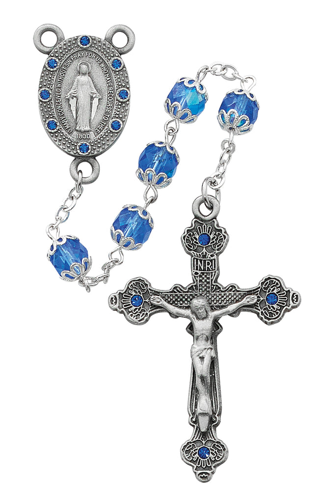 Rosary - Blue Capped Glass Rosary Boxed