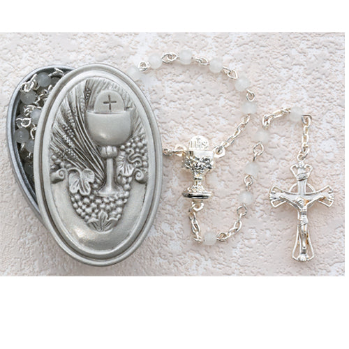 Rosary - White Rosary in Pewter Communion Box