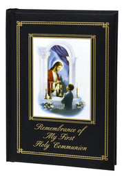 Book titled 'Remembrance of My First Holy Communion' with a religious illustration on a white background
