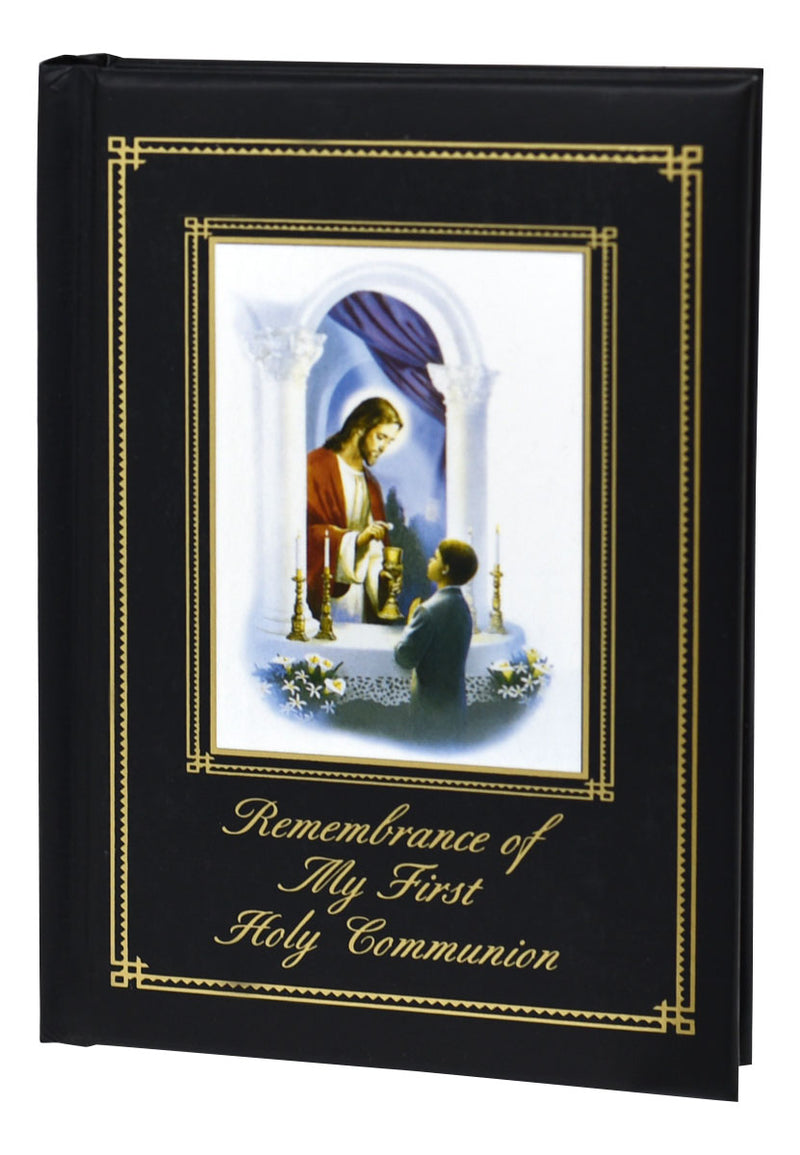Book titled 'Remembrance of My First Holy Communion' with a religious illustration on a white background