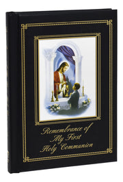 Book titled 'Remembrance of My First Holy Communion' with a religious illustration on a white background