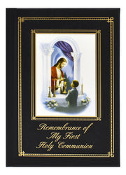 Book titled 'Remembrance of My First Holy Communion' with a religious illustration on a white background