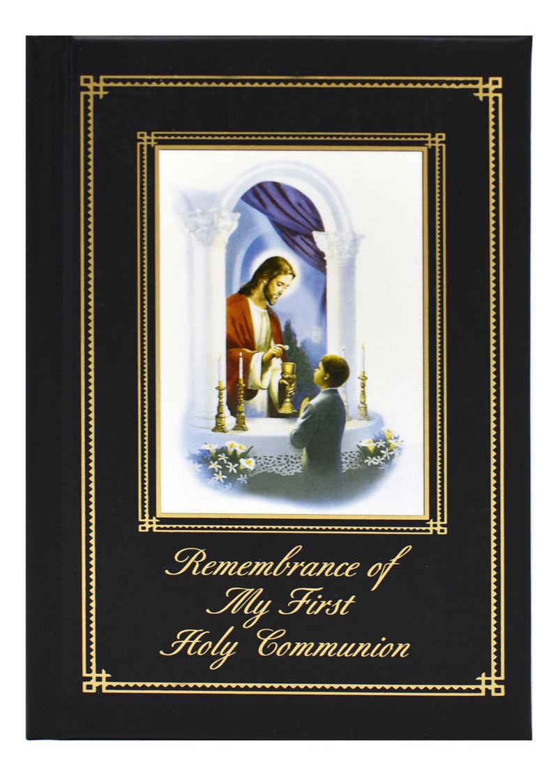Book titled 'Remembrance of My First Holy Communion' with a religious illustration on a white background