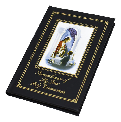 Book titled 'Remembrance of My First Holy Communion' with a religious illustration on a white background