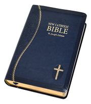 Blue and gold Bible on a white background.