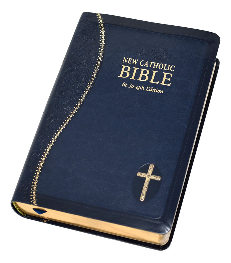 Blue and gold Bible on a white background.