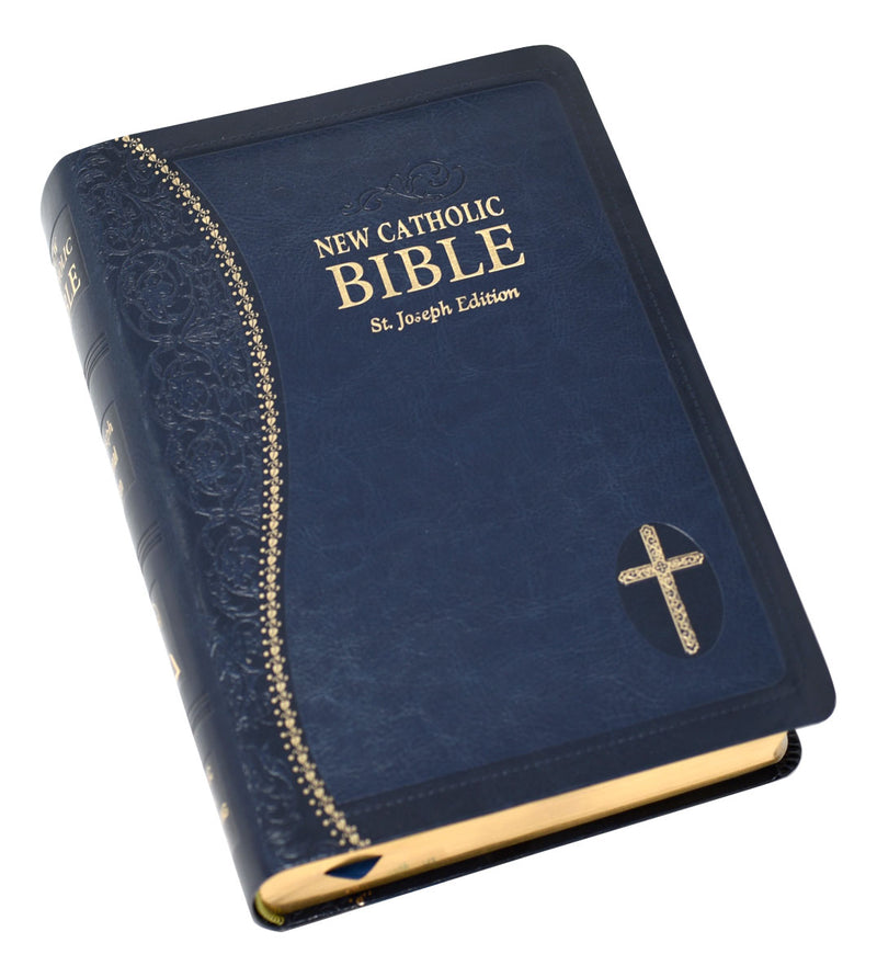 Blue and gold Bible on a white background.