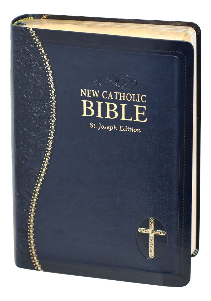 Blue and gold Bible on a white background.