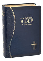 Blue and gold Bible on a white background.