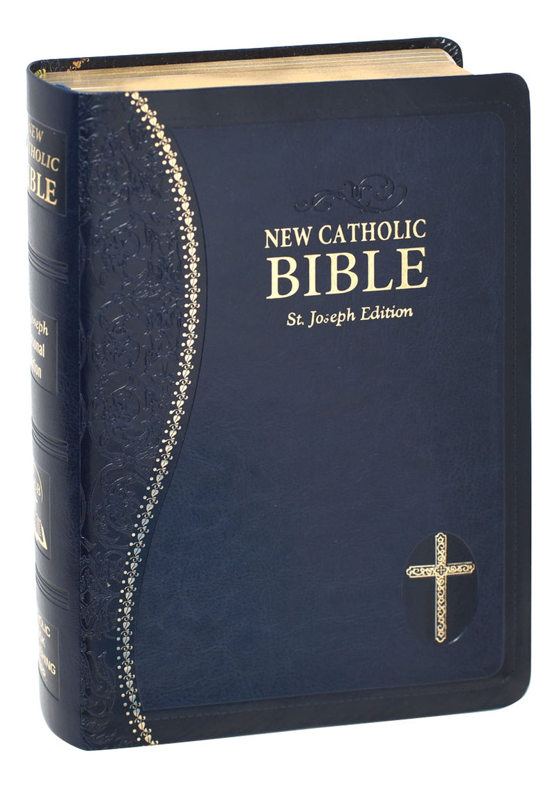 Blue and gold Bible on a white background.