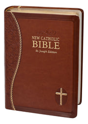 Brown and gold Bible on a white background.