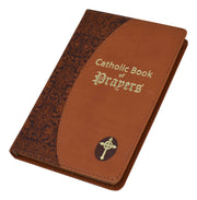 Brown Catholic Book of Prayers with gold text and cross emblem on a white background