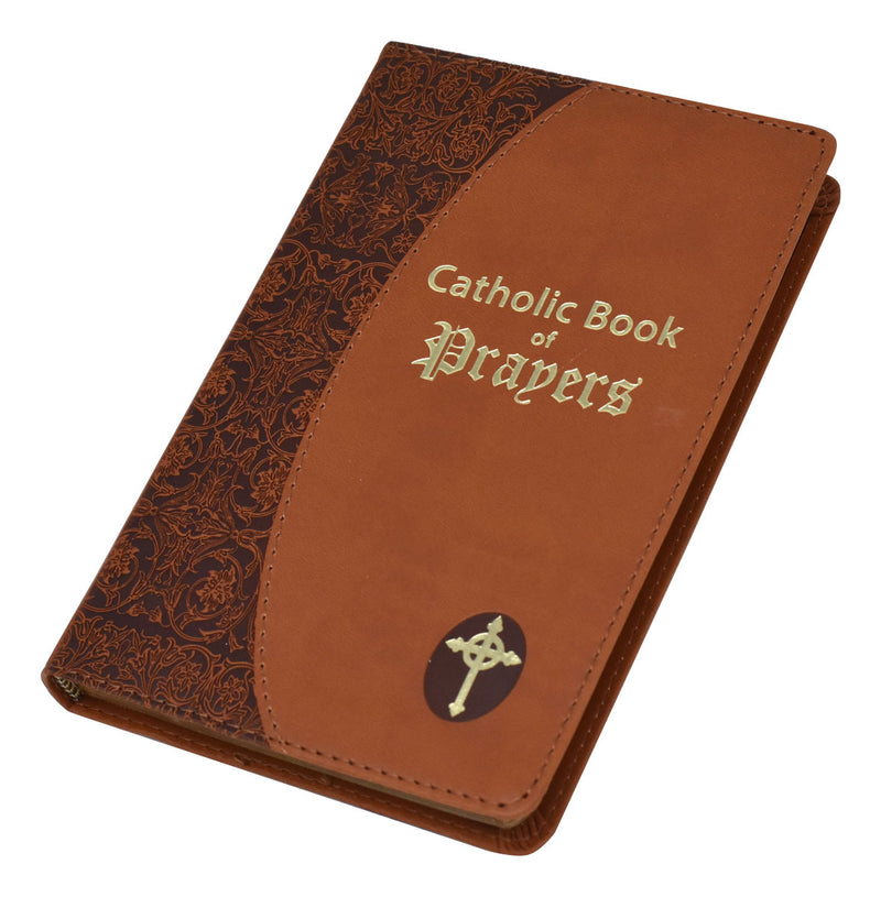 Brown Catholic Book of Prayers with gold text and cross emblem on a white background