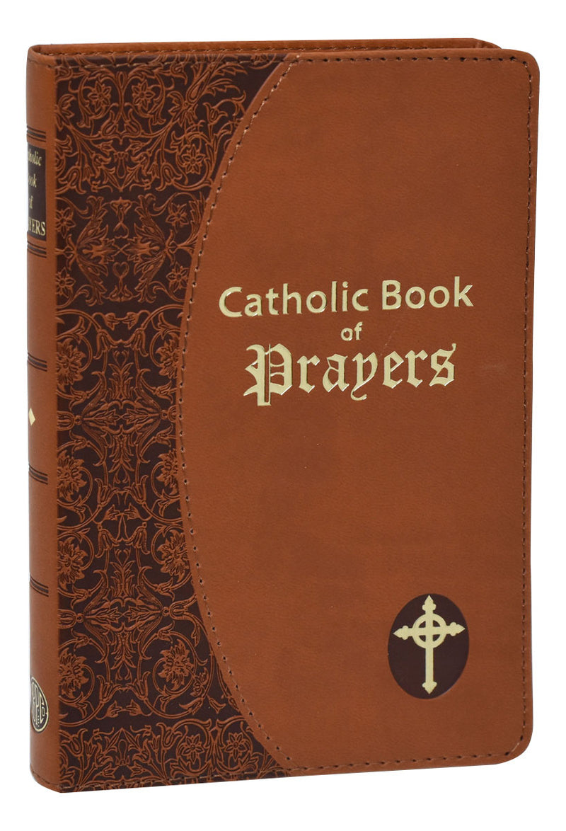 Brown Catholic Book of Prayers with gold text and cross emblem on a white background