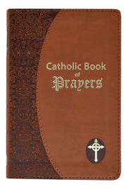 Brown Catholic Book of Prayers with gold text and cross emblem on a white background