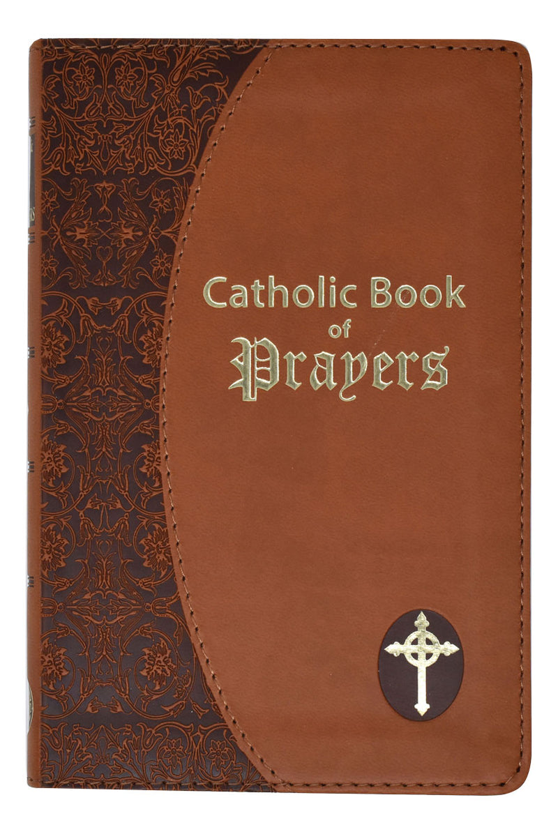 Brown Catholic Book of Prayers with gold text and cross emblem on a white background