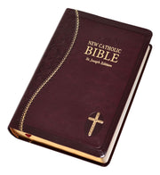 Burgundy and gold Bible on a white background.